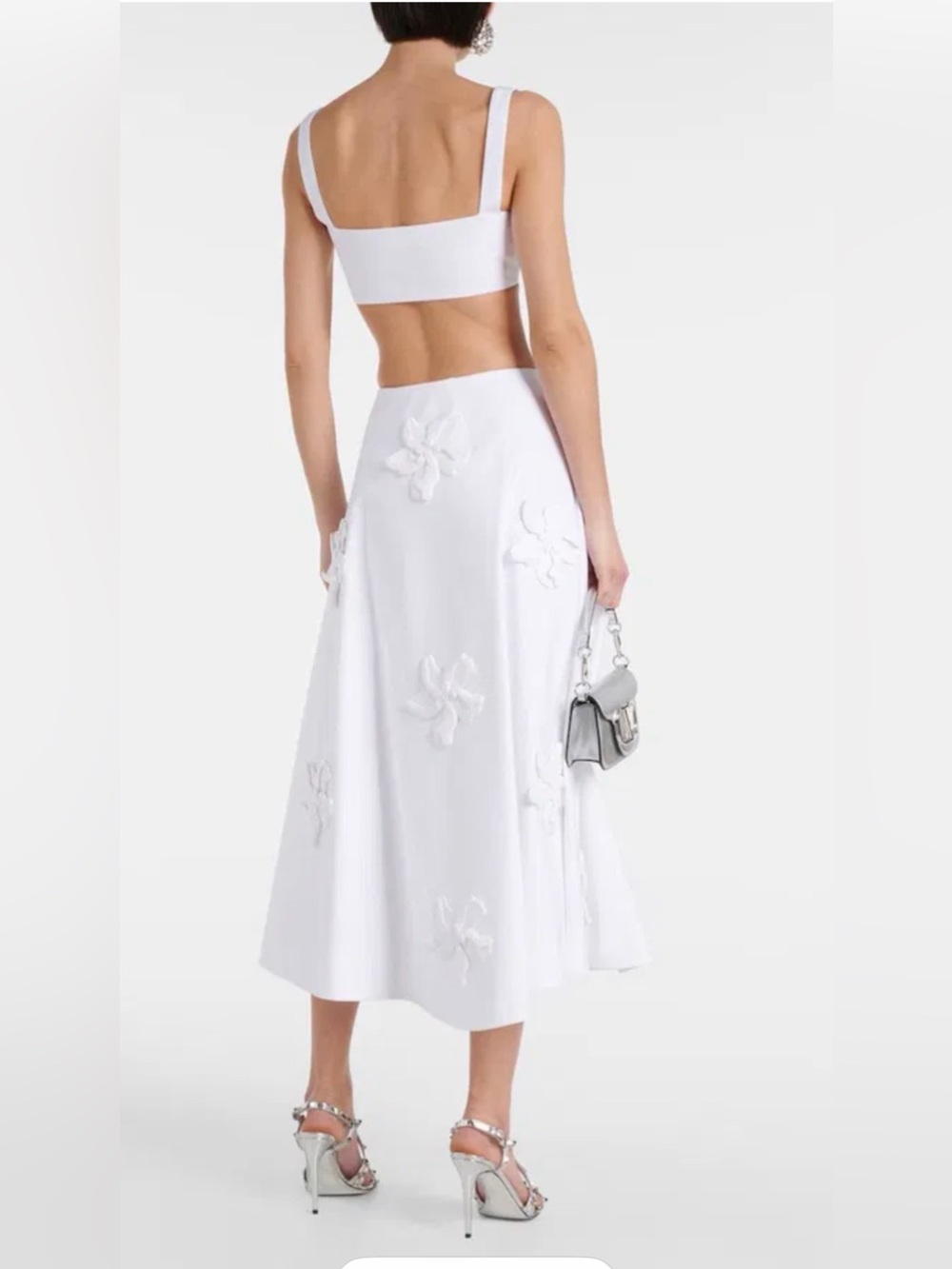 Runway Style 3D Floral Applique 2-Piece Set Crop Top & Midi Skirt White - Picture 3 of 14